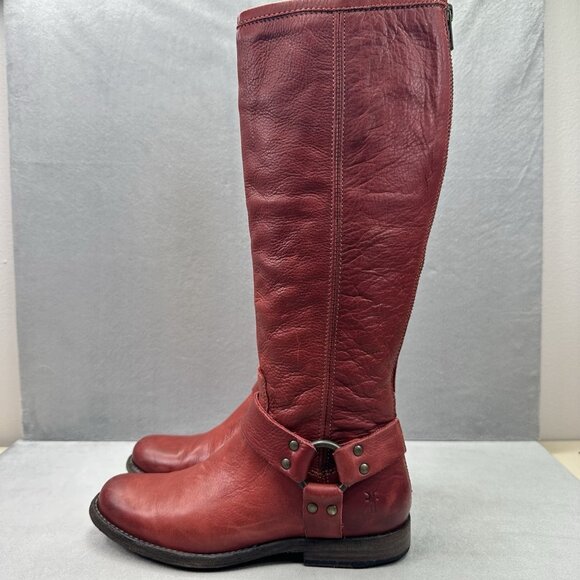 Frye Phillip Harness Tall Womens Size 6.5 (B) Riding Boots Red Leather Zip Dress - Picture 3 of 7